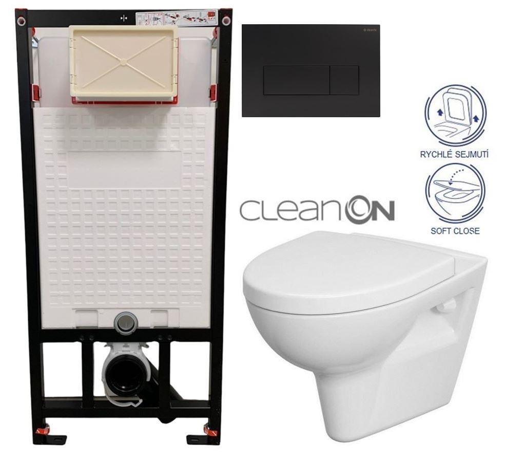 E-shop DEANTE Podstavný rám, pre závesné WC misy + SLIM tlačidlo černé + WC CERSANIT CLEANON PARVA + SEDADLO CST_WC01 N51P PA1