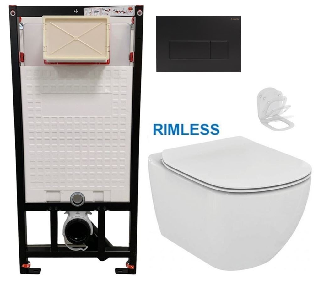 DEANTE Podstavný rám, pre závesné WC misy + SLIM tlačidlo černé + WC Ideal Standard Tesi se sedlem RIMLESS CST_WC01 N51P TE2