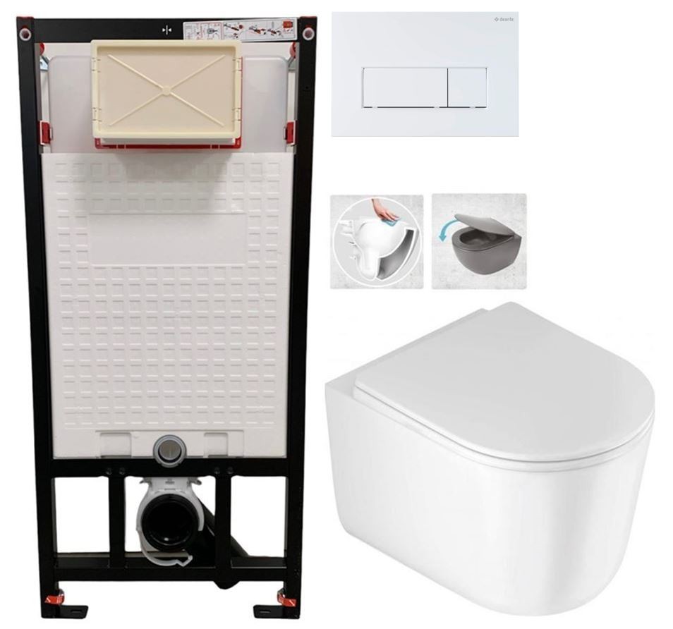 E-shop DEANTE Podstavný rám, pre závesné WC misy + SLIM tlačidlo bílé + WC DEANTE Jasmin so sedadlom RIMLESS CST_WC01 A51P JA1
