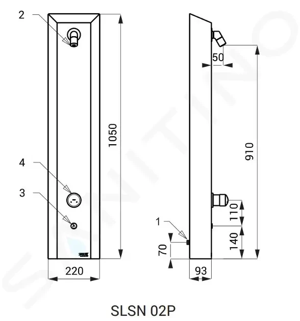 SANELA - Nerezové sprchové panely Sprchový panel z nehrdzavejúcej ocele s integrovaným ovládaním piezo a so zmiešavacou batériou na batériové napájanie – 2 vody (SLSN 02PB)