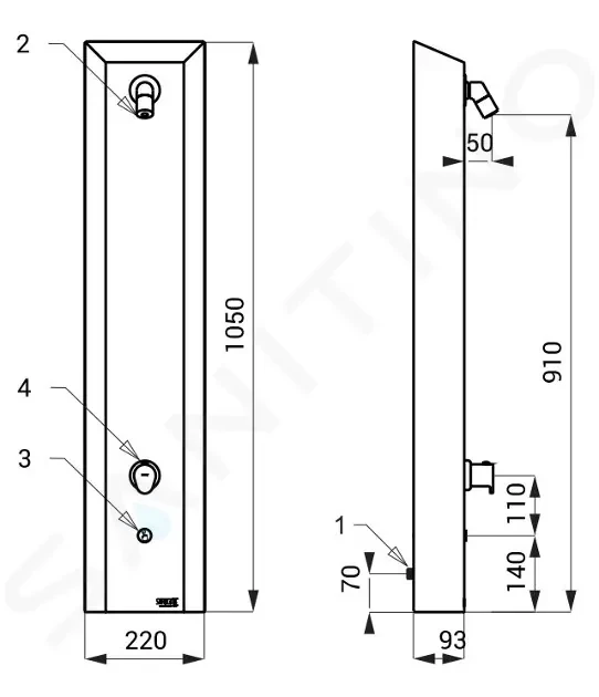 SANELA - Nerezové sprchové panely Sprchový panel z nehrdzavejúcej ocele s integrovaným ovládaním piezo a termostatickým ventilom na batériové napájanie – 2 vody (SLSN 02PTB)