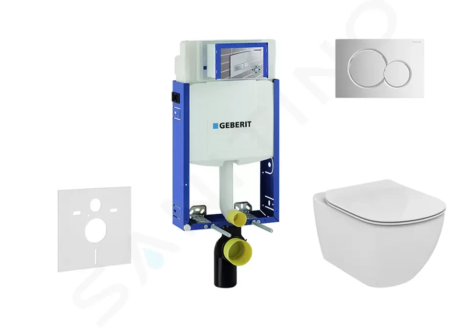 GEBERIT - Kombifix Modul na závesné WC s tlačidlom Sigma01, lesklý chróm + Ideal Standard Tesi - WC a doska, Aquablade, SoftClose 110.302.00.5 NU2