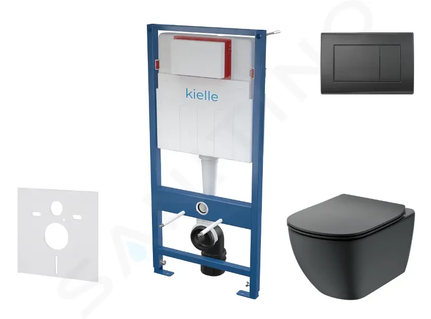 E-shop Kielle - Genesis Set predstenovej inštalácie, klozetu Tesi a dosky softclose, Aquablade, tlačidlo Gemini III, matná čierna SANI11AD5500