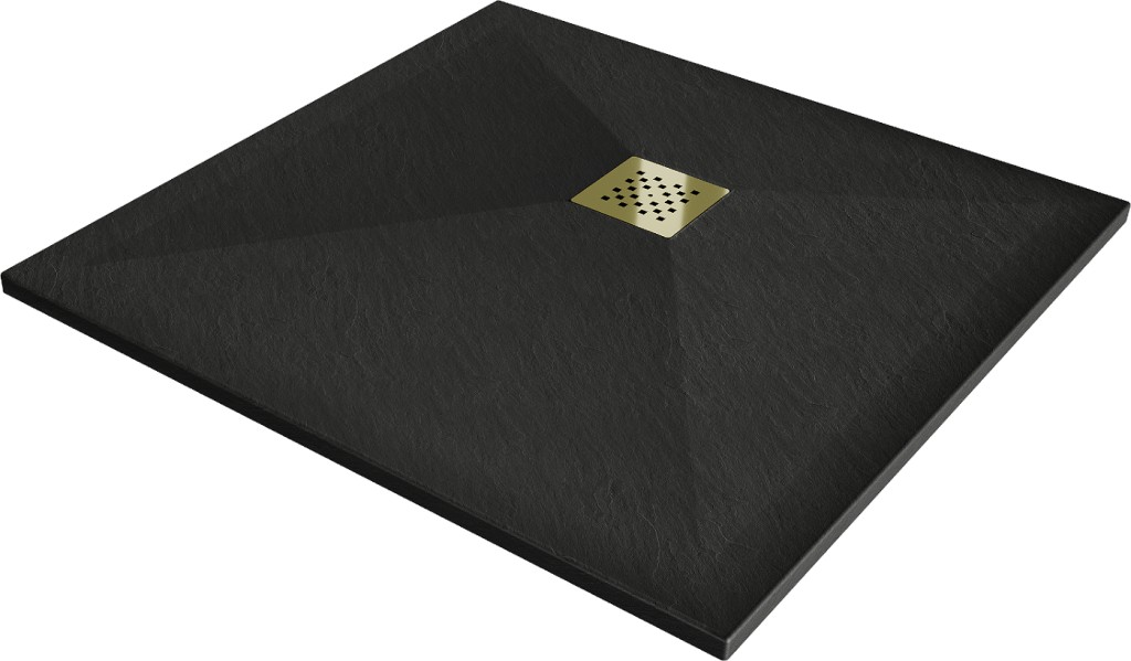 MEXEN/S - Stone+ štvorcová sprchová vanička 90 x 90, čierna, mriežka zlatá 44709090-G