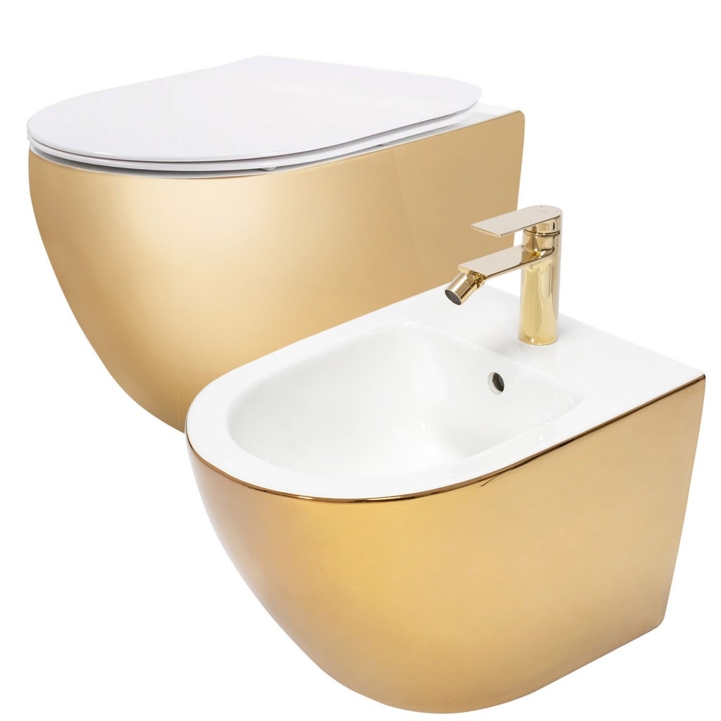 E-shop REA/S - Sada: WC Závesná misa CARLO Flat + Závesný Bidet CARLO MINI - Zlatá-biela KPL-C2288