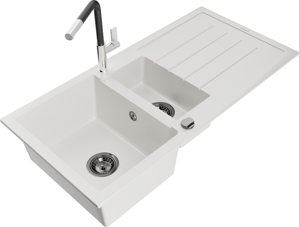 MEXEN/S MEXEN/S - Andres granitový drez s odkvapkávačom vrátane batérie Flora, biela 6515-20-670401-07-B