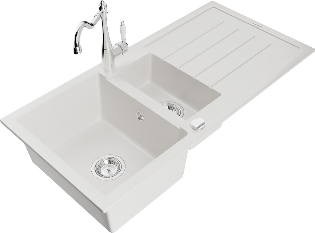 MEXEN/S MEXEN/S - Andres granitový drez s odkvapkávačom vrátane batérie Carla, biela 6515-20-670700-00