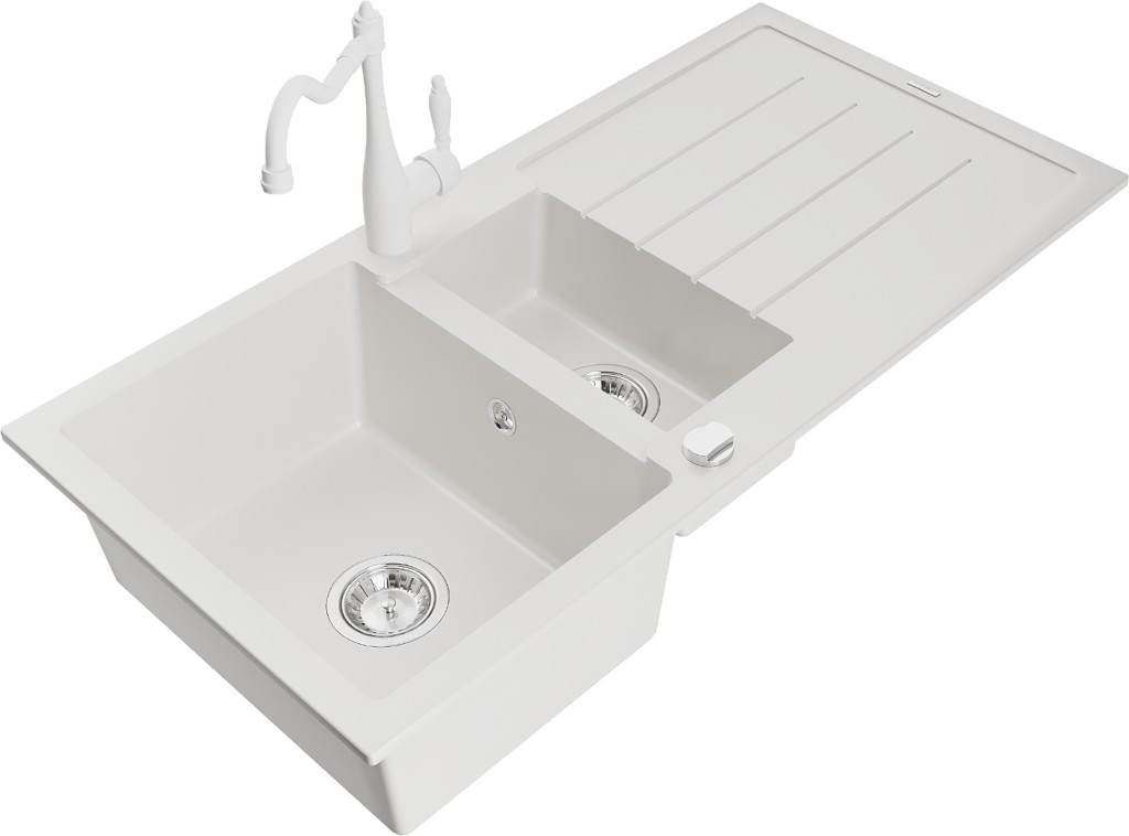 MEXEN/S MEXEN/S - Andres granitový drez s odkvapkávačom vrátane batérie Carla, biela 6515-20-670700-20