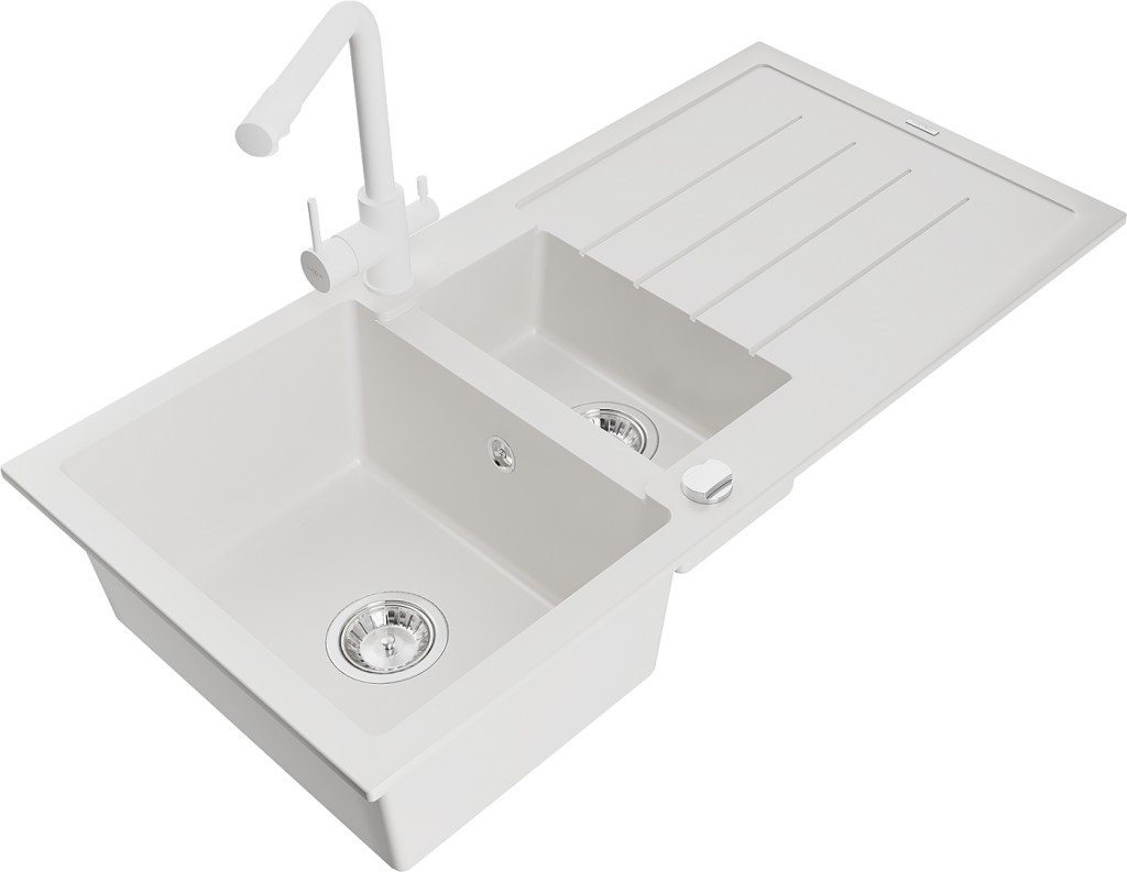 MEXEN/S MEXEN/S - Andres granitový drez s odkvapkávačom vrátane batérie Duero, biela 6515-20-671600-20