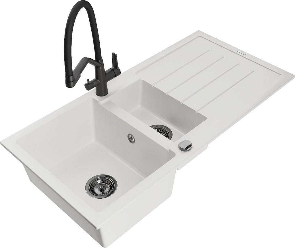 MEXEN/S MEXEN/S - Andres granitový drez s odkvapkávačom vrátane batérie Duo, biela 6515-20-671701-70-B