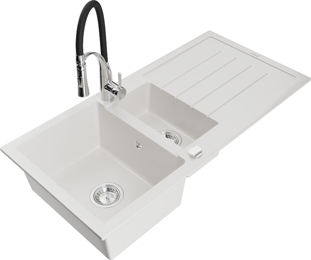 MEXEN/S MEXEN/S - Andres granitový drez s odkvapkávačom vrátane batérie Aster, biela 6515-20-73450-07