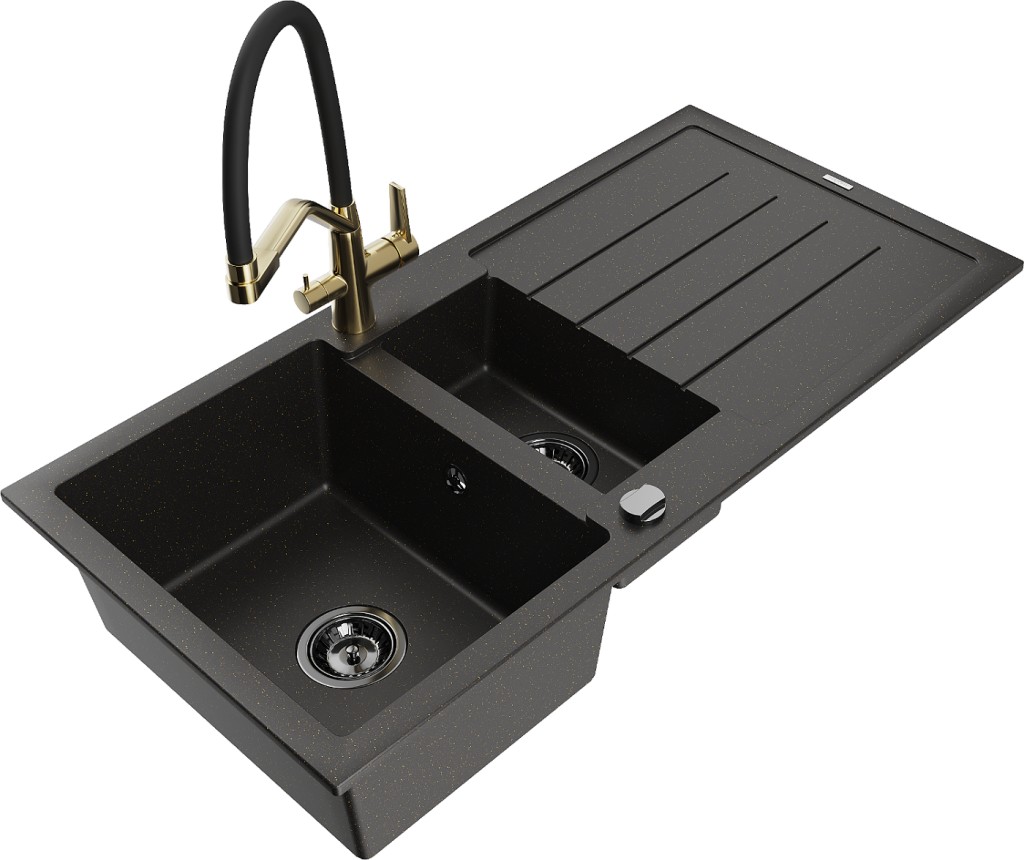 MEXEN/S MEXEN/S - Andres granitový drez s odkvapkávačom vrátane batérie Duo, čierna/zlatá metalik 6515-75-671701-57-B