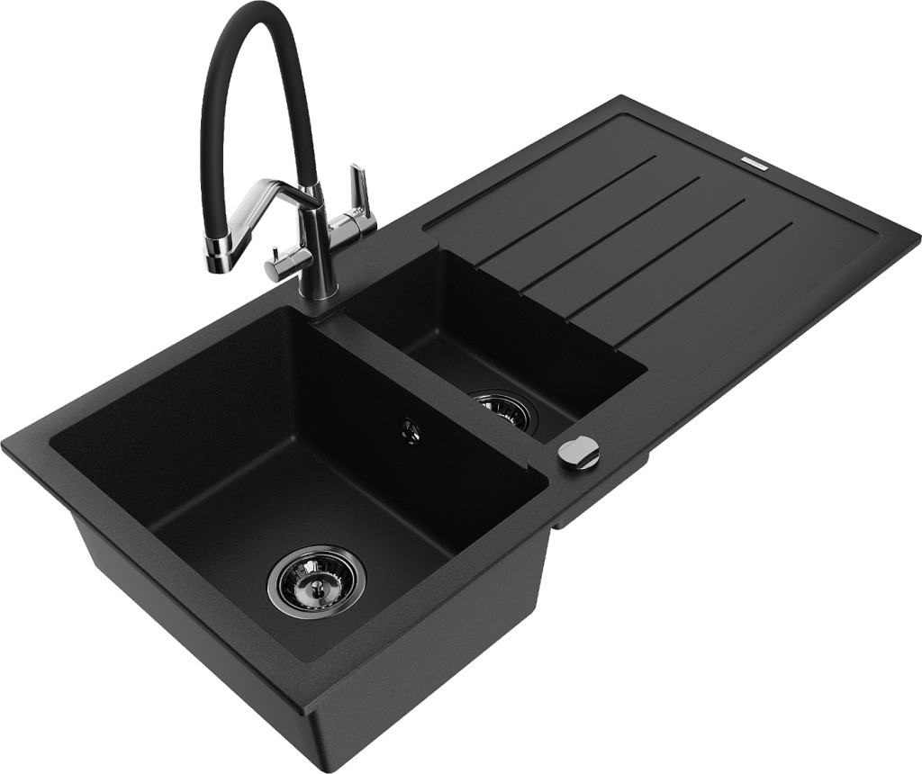 MEXEN/S MEXEN/S - Andres granitový drez s odkvapkávačom vrátane batérie Duo, čierna 6515-77-671701-07-B
