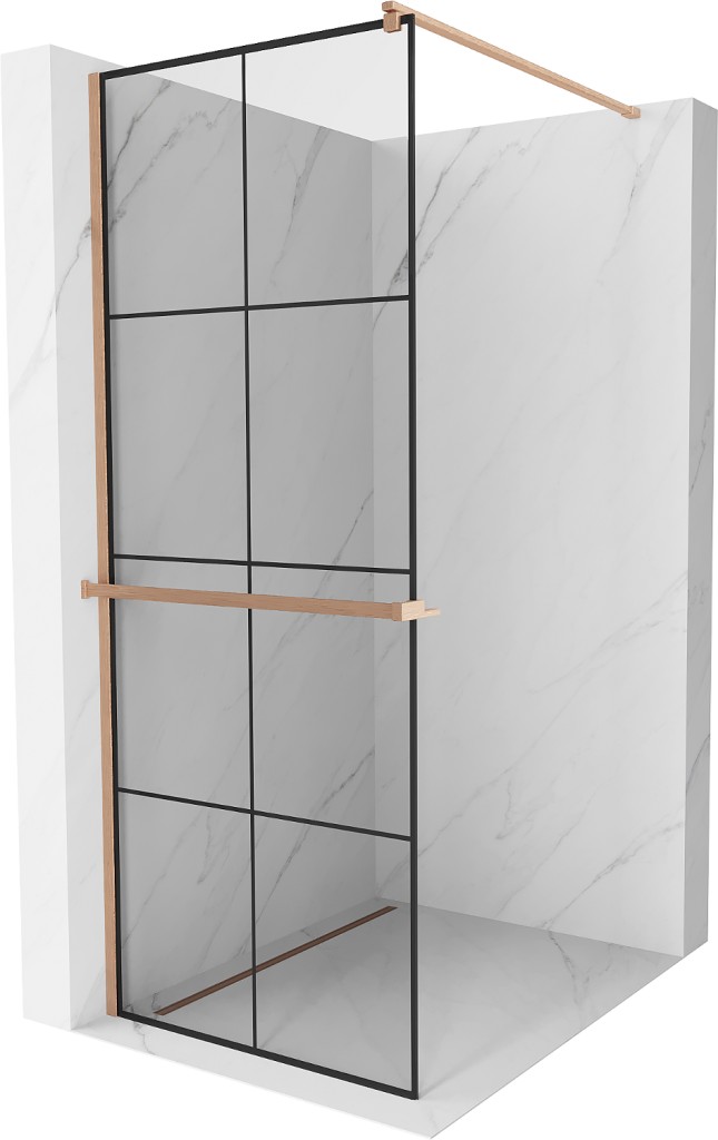 MEXEN/S - Kioto+ Sprchová zástena WALK-IN s poličkou a držiakom uterákov 80 x 200, čierny vzor, meď kartáčovaná 800-080-121-65-77