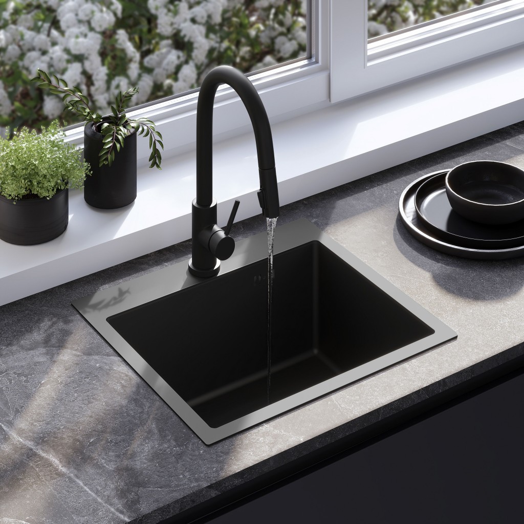 REA REA - Oceľový drez Leo 50 Black s kuchynskou batériou KPL-96005