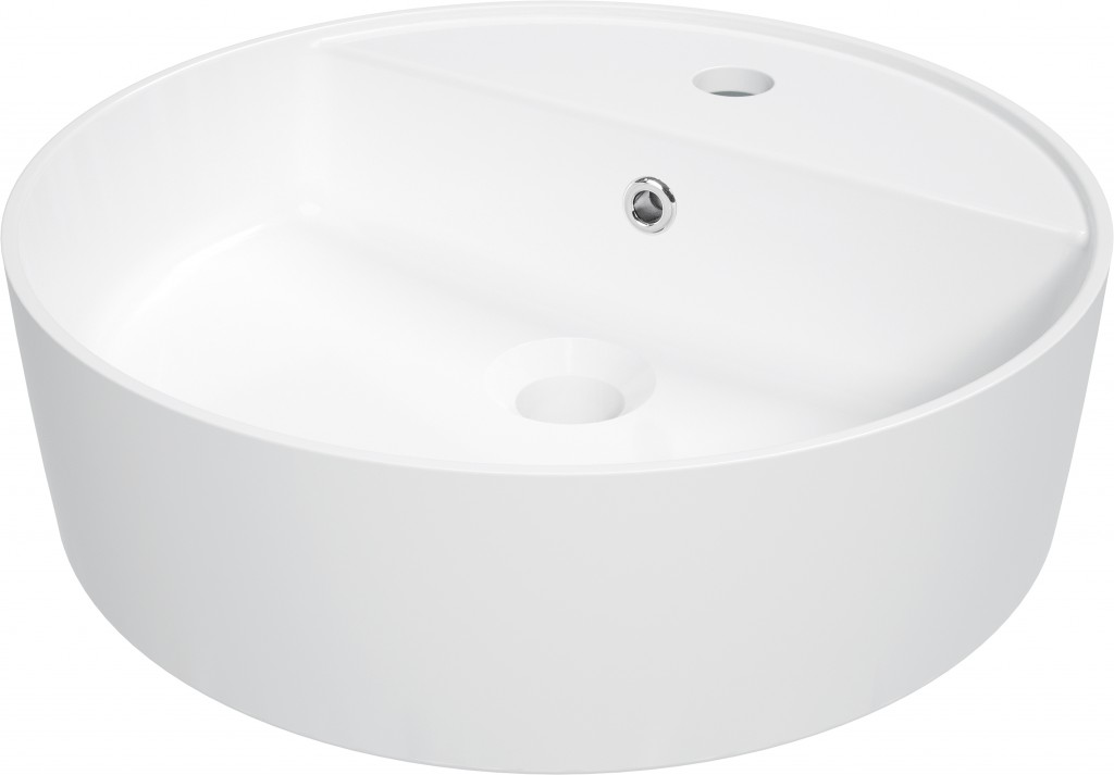 DEANTE - Okrúhle biele keramické umývadlo, na dosku, s policou na batériu CGR_6U4B