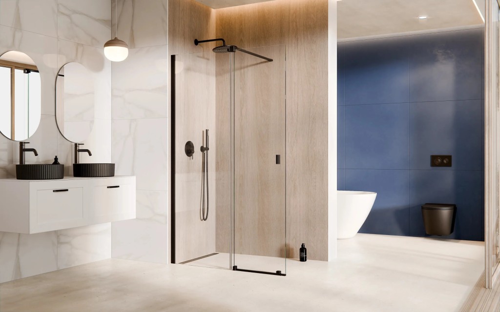 BESCO - Walk-in sprchovací kút VAYO BLACK - Farba rámu zásteny - Hliník čierny, Rozmer A - 110, Rozmer C - 200, Smer zatváranie - Univerzálny Ľavé / Pravé, Výplň - Číre bezpečnostné sklo - 8 mm BCVAYO110BC