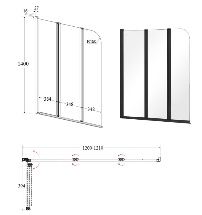 BESCO - Vaňová zástena PRIME 3 - FARBA rámu - Čierna, Rozmer A - 120 cm, Smer zatvárania - Univerzálny Ľavé / Pravé, Výplň - Číre bezpečnostné sklo - 5 mm BCPRIM12BC