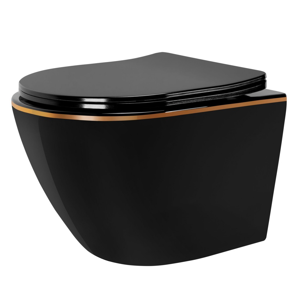 REA - Závesná WC misa vrátane sedátka Carlo Mini Flat čierna/zlatý prúžok + sedátko duraplast (REA-C8800)