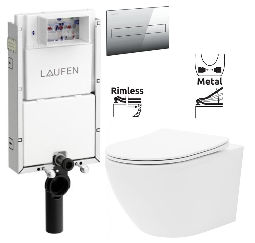 LAUFEN Podomít. systém LIS TW1 SET s chrómovým tlačidlom + WC REA Carlo Flat Mini Rimlesss + SEDADLO (H8946630000001CR CF1)