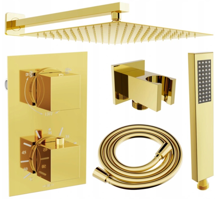 MEXEN/S - Cube DR02 podomietkový sprchový SET + slim sprcha 25 cm, zlatý (77502DR0225-50)