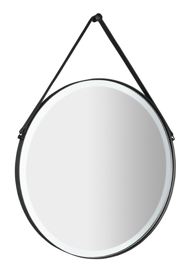 SAPHO - ORBITER guľaté zrkadlo s LED osvetlením, kožený popruh, ø 60cm, čierna mat (ORL060)