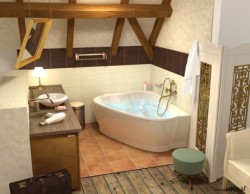 Podkrovná kúpeľňa s rohovou vaňou, drevenými trámami, dreveným umývadlovým stolíkom a terakotovou dlažbou