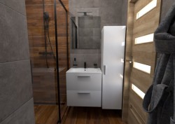 Malá kúpeľňa s čierno rámovaným sprchovacím kútom, šedými veľkoformátovými obkladmi, dlažba a obklady v sprche v drevodekore a bielou umývadlovou skrinkou s vysokou úložnou skriňou