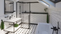 Podkrovná kúpeľňa s bielymi obkladmi, sprchovou zástenou v čiernom ráme, vaňou a výraznou geometrickou dlažbou v industriálnom štýle