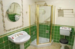 Kúpeľňa vo vintage štýle so zelenými a bielymi obkladmi, rohovým sprchovacím kútom so zlatými profilmi, umývadlom na stĺpe a retro WC