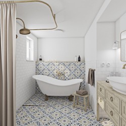 Kúpeľňa v retro štýle s vaňou na nôžkach, patinovanou sprchovou hlavicou, keramickým umývadlom na drevenej skrinke a bohato vzorovanou dlažbou