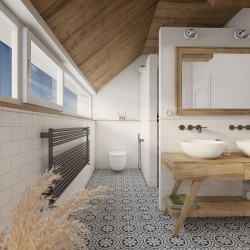 Podkrovná rustikálna kúpeľňa so šikmým dreveným stropom, dvoma umývadlami na drevenej konštrukcii a vzorovanou dlažbou