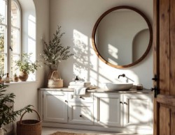 Svetlá kúpeľňa v štýle Provence s rustikálnou skrinkou, okrúhlym dreveným zrkadlom a umývadlom na doske