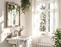 Jemná provencia kúpeľňa s bielym závesným umývadlom, dreveným rámom zrkadla, ľahkými závesmi a rastlinami okna