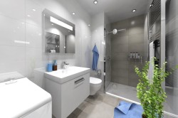 Klasická biela kúpeľňa so sprchovacím kútom, závesnou umývadlovou skrinkou, osvetleným zrkadlom a šedým obkladom v sprche