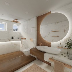 Svetlá kúpeľňa s veľkoformátovým mramorom a oversized okrúhlym zrkadlom; sprchovací kút s medenými detailmi