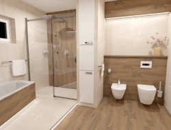 Kúpeľňa s vaňou a sprchou, drevodekorom na stenách aj na podlahe a závesným WC s bidetom