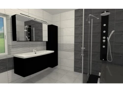 Čiernosivá kúpeľňa so sprchovacím kútom, širokým umývadlom na čiernej skrinke a veľkou závesnou skrinkou so zrkadlom