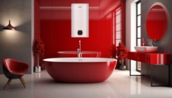 Dizajnová kúpeľňa s červenou oválnou voľne stojacou vaňou, červeným umývadlovým pultom a okrúhlym zrkadlom