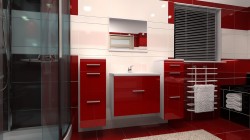 Červenobiela kúpeľňa s rohovým sprchovacím kútom, červenými skrinkami s úchytmi, zapusteným umývadlom a rebríkovým radiátorom