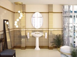 Retro ladená kúpeľňa so zlatými pásikmi na stenách, umývadlom na stĺpe, okrúhlym zrkadlom a závesným svetlom