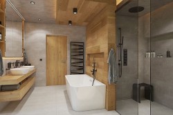 Kúpeľňa so svetlou dlažbou, bklady v dekore dreva, walk-in sprchovacím kútom a dvoma umývadlami na drevenej skrinke; výrazný rebríkový radiátor