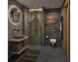 Kúpeľňa s kamennými obkladmi, walk-in sprchou, okrúhlym LED zrkadlom a závesným WC; umývadlo na drevenej doske