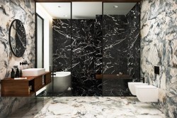 Výrazná kúpeľňa s kontrastom svetlého a tmavého mramoru, skleneným walk-in sprchovacím kútom, drevenou skrinkou a závesným WC a bidetom