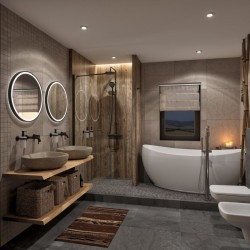 Kúpeľňa vo vidieckom štýle s dvoma kamennými umývadlami na drevenej polici, okrúhlymi LED zrkadlami a voľne stojacou vaňou na podeste s walk-in sprchou