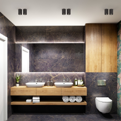 Kúpeľňa s dvojicou umývadiel na drevenej doske, veľkým zrkadlom a nepriamym LED podsvietením v horizontálnej nice nad vaňou