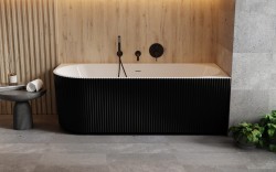 BESCO - Voľne stojaca vaňa DENAYA čierna/biela, sifón so štrbinovým prepadom - Farba - Čierna / biela, Farba sifónu - Zlatá, Rozmer vane - 150 × 75 cm, Spôsob prevedenia - Pravé (VANDENA150BWPZ)