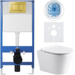CERANO - Kompletný podomietkový WC set Lite/Carlito - biela lesklá - WC tlačidlo Classic, zlatá - predstenová inštalácia/sadrokartón - 48,5x36,5 (CER-251363)