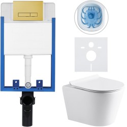 CERANO - Kompletný podomietkový WC set Lite/Carlito - biela lesklá - WC tlačidlo Slim, zlatá - na zamurovanie - 48,5x36,5 (CER-458769)
