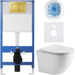 CERANO - Kompletný podomietkový WC set Lite/Cesso - biela lesklá - WC tlačidlo Classic, zlatá - predstenová inštalácia / sadrokartón - 49x36 (CER-128482)